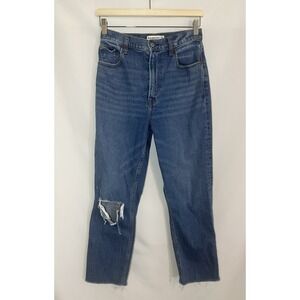 Abercrombie Ankle Straight 4 LONG Ultra High Rise Curve Love Blue Ripped Jeans